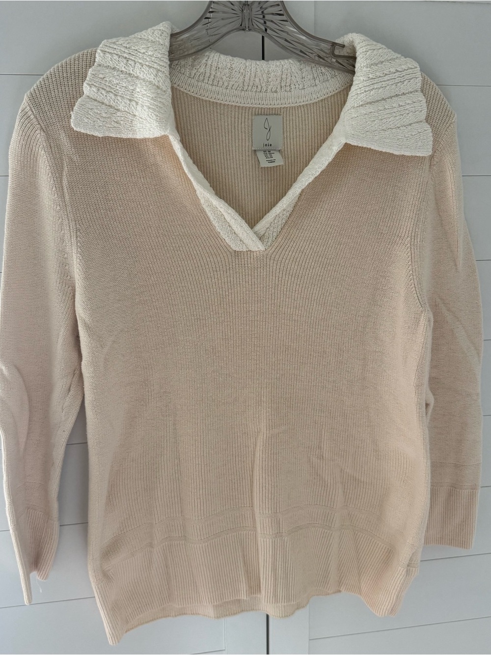 Joie Cream and Beige V-Neck Sweater with Textured Collar
